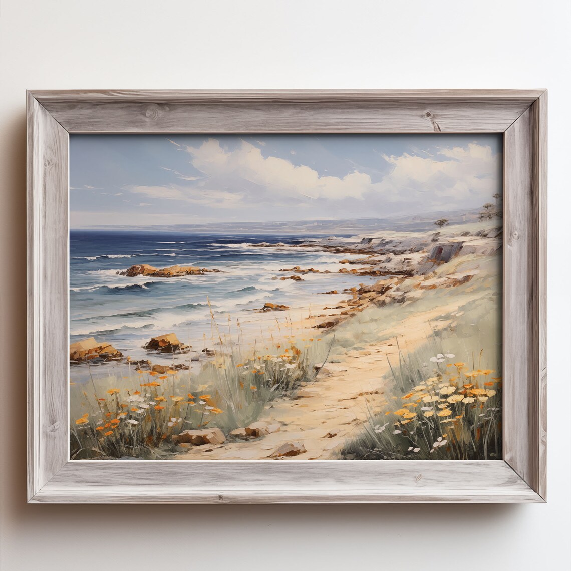 Rocky Coastline Sandy Path Wildflower Ocean View Oil Painting Poster
