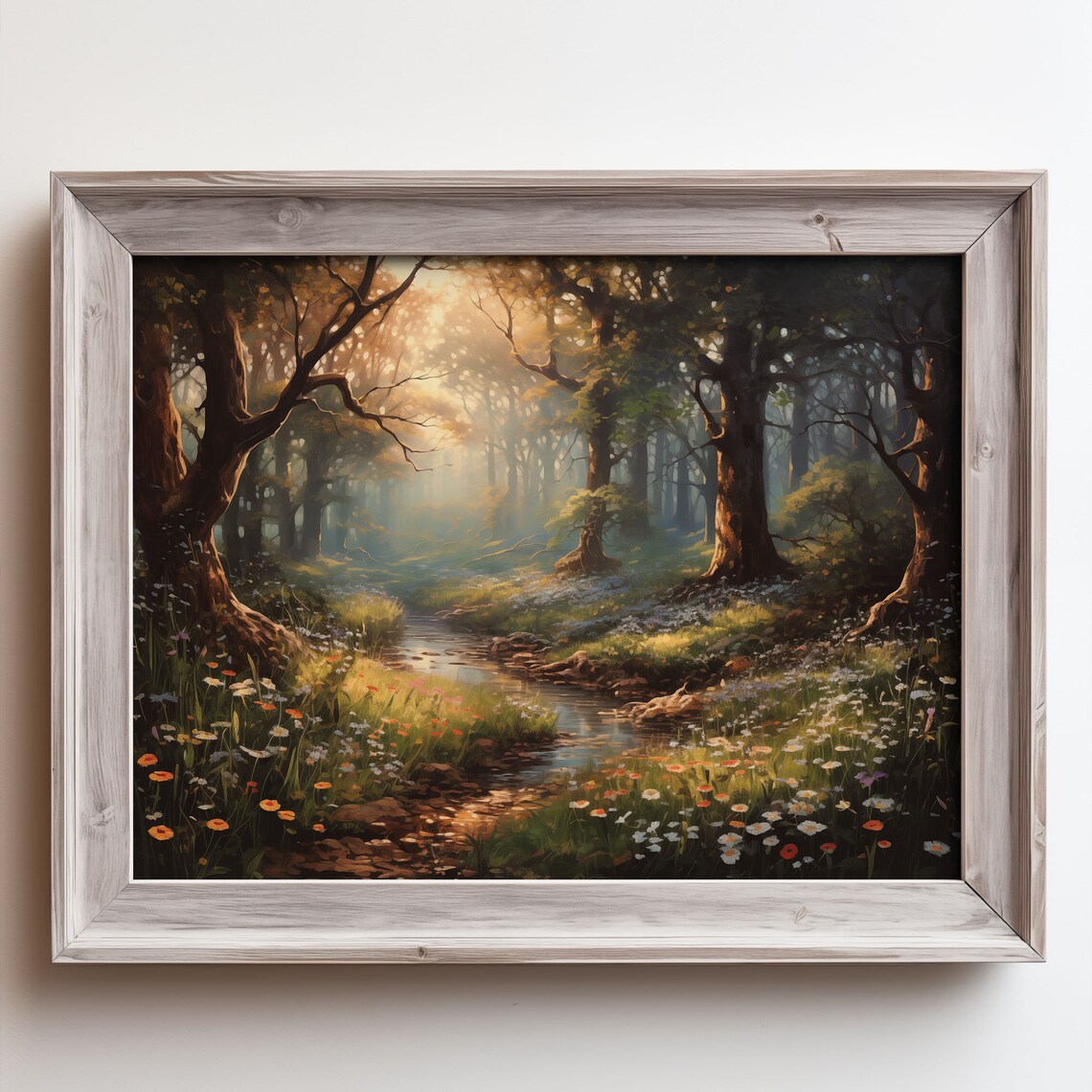 Enchanted Forest Stream With Wildflowers In Morning Mist Vintage Poster
