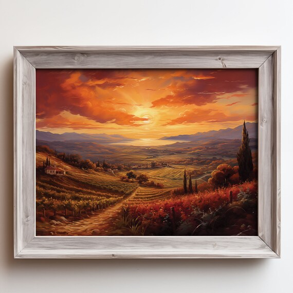 Sunset Over Tuscan Vineyards Rolling Countryside Oil Painting Poster