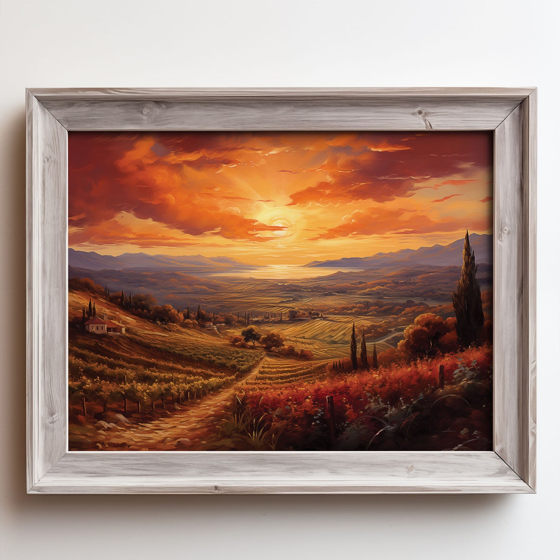Sunset Over Tuscan Vineyards Rolling Countryside Oil Painting Poster