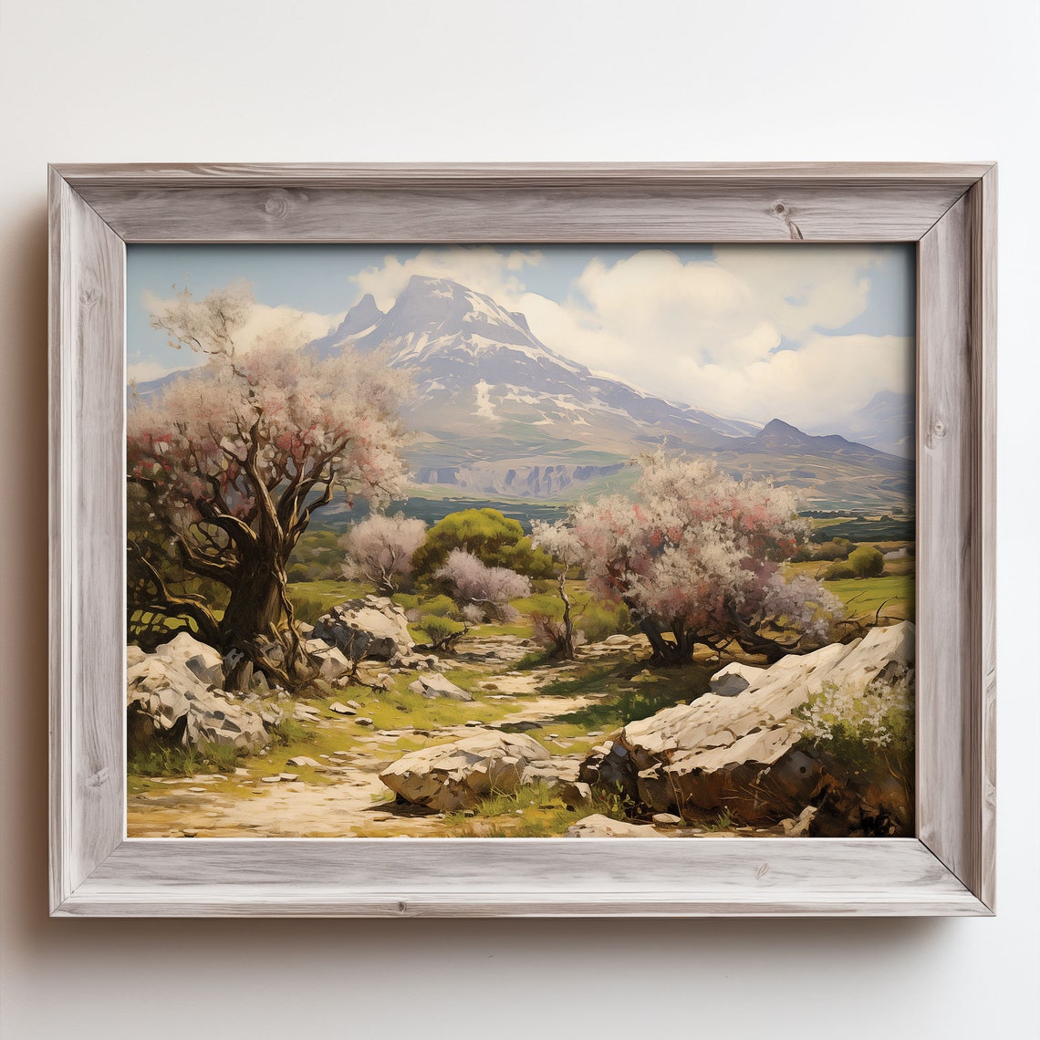 Blossoming Trees Snow Mountain Painting Rocky Meadow Spring Poster