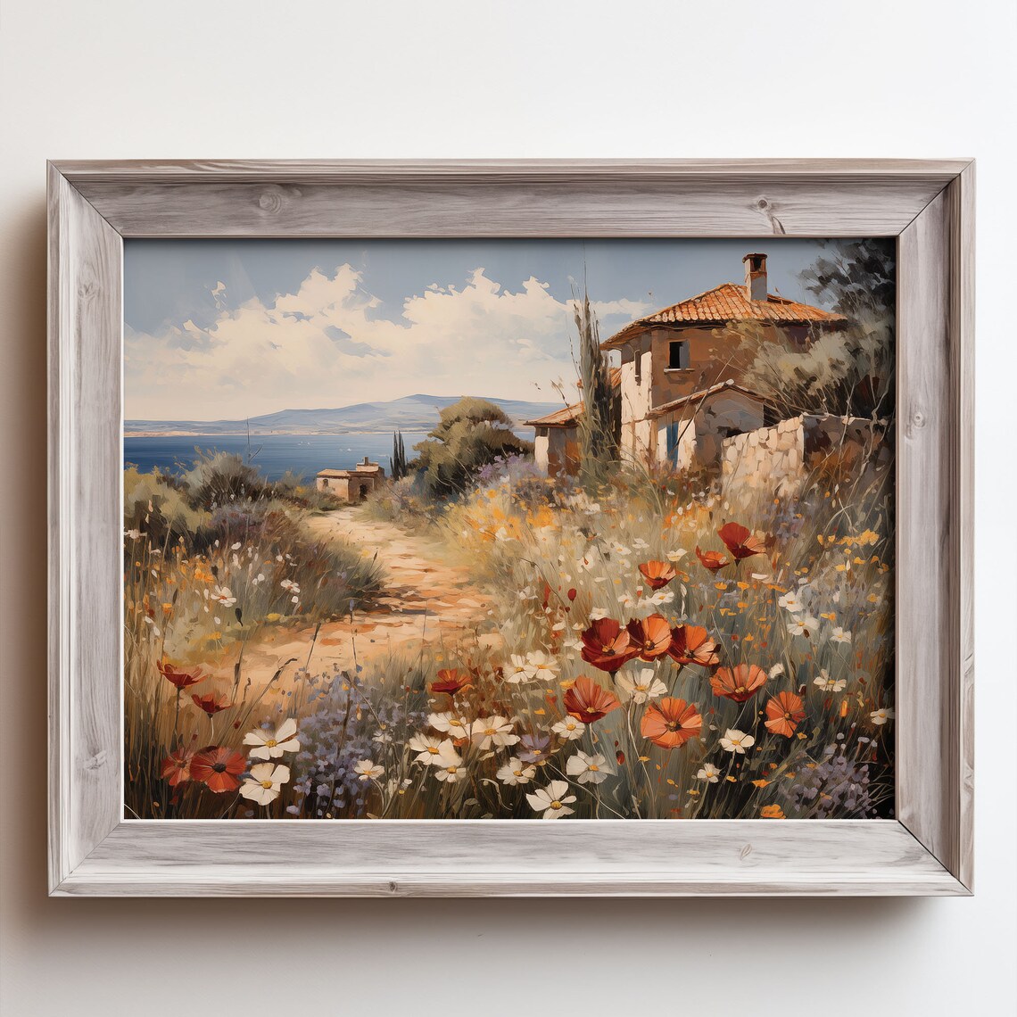 Cottage Among Wildflowers Overlooking The Sea Poppies Daisies Poster