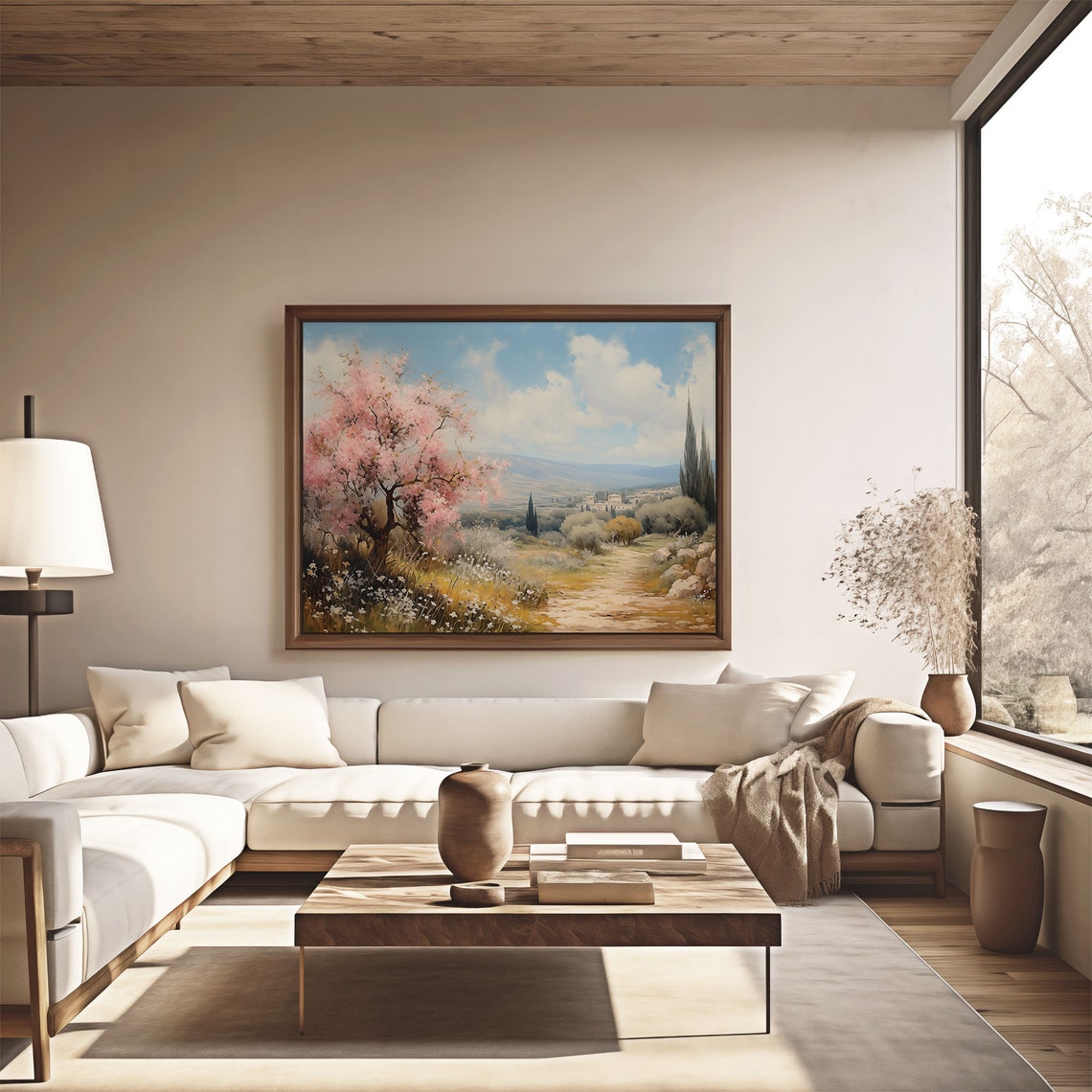 Pink Blossom Tree Over Wildflower Meadow Path Oil Painting Poster - Image 4