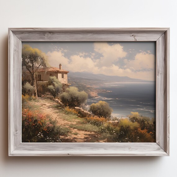 Hillside Stone Farmhouse Above the Sea Wildflowers Oil Painting Poster