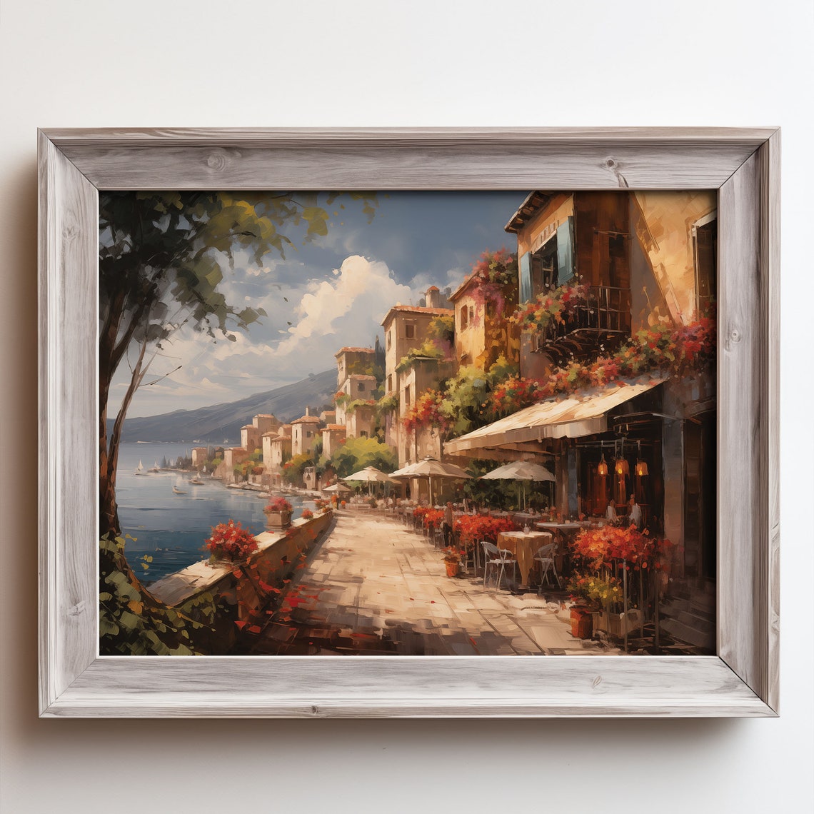 Mediterranean Seaside Village Café Promenade Oil Painting Poster