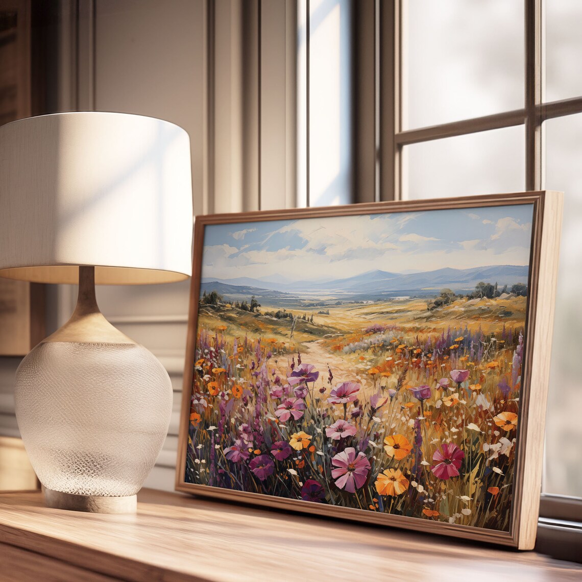 Cosmos Flower Meadow Golden Hills Vintage Oil Painting Poster - Image 3