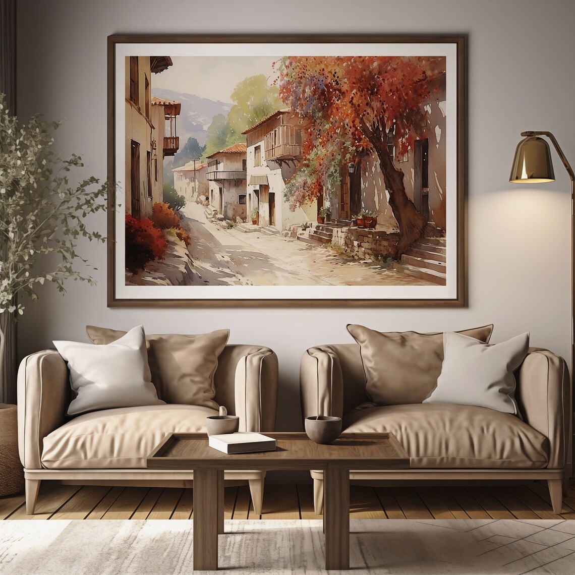 Autumn Village Street with Crimson Tree Oil Painting Style Poster - Image 2
