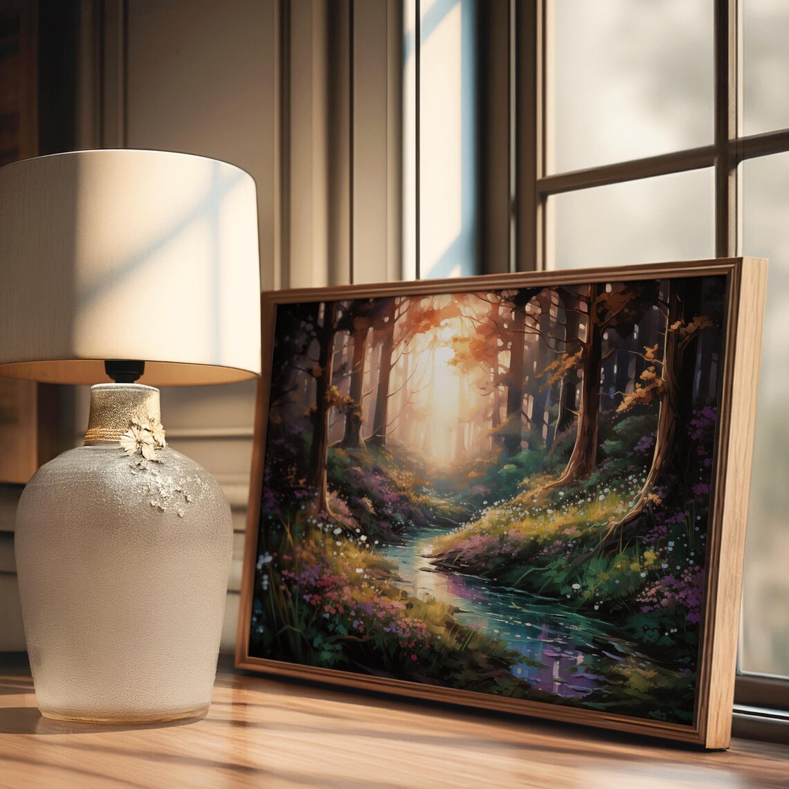 Dreamy Golden Sunset Forest Creek Wildflower Glow Nature Poster - Image 2