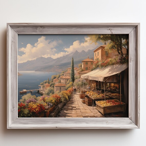 Lakeside Village Market Stalls and Boats Oil Painting Poster