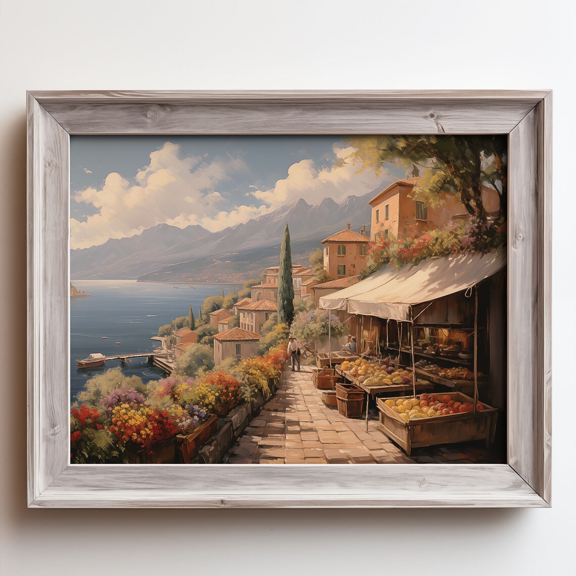 Lakeside Village Market Stalls and Boats Oil Painting Poster