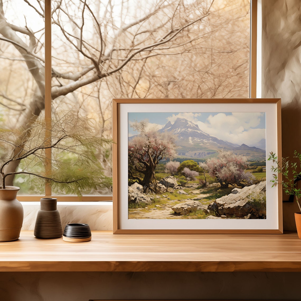 Blossoming Trees Snow Mountain Painting Rocky Meadow Spring Poster - Image 4