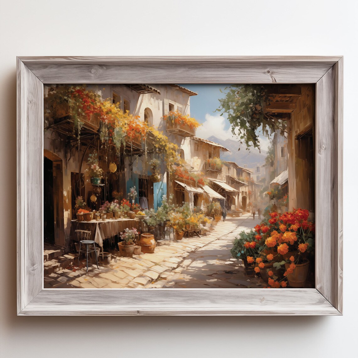 Mediterranean Street With Flower Stalls And Hanging Baskets Poster