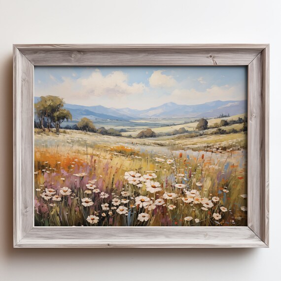 Daisy Meadow With Rolling Hills And Mountains Blue Sky Poster