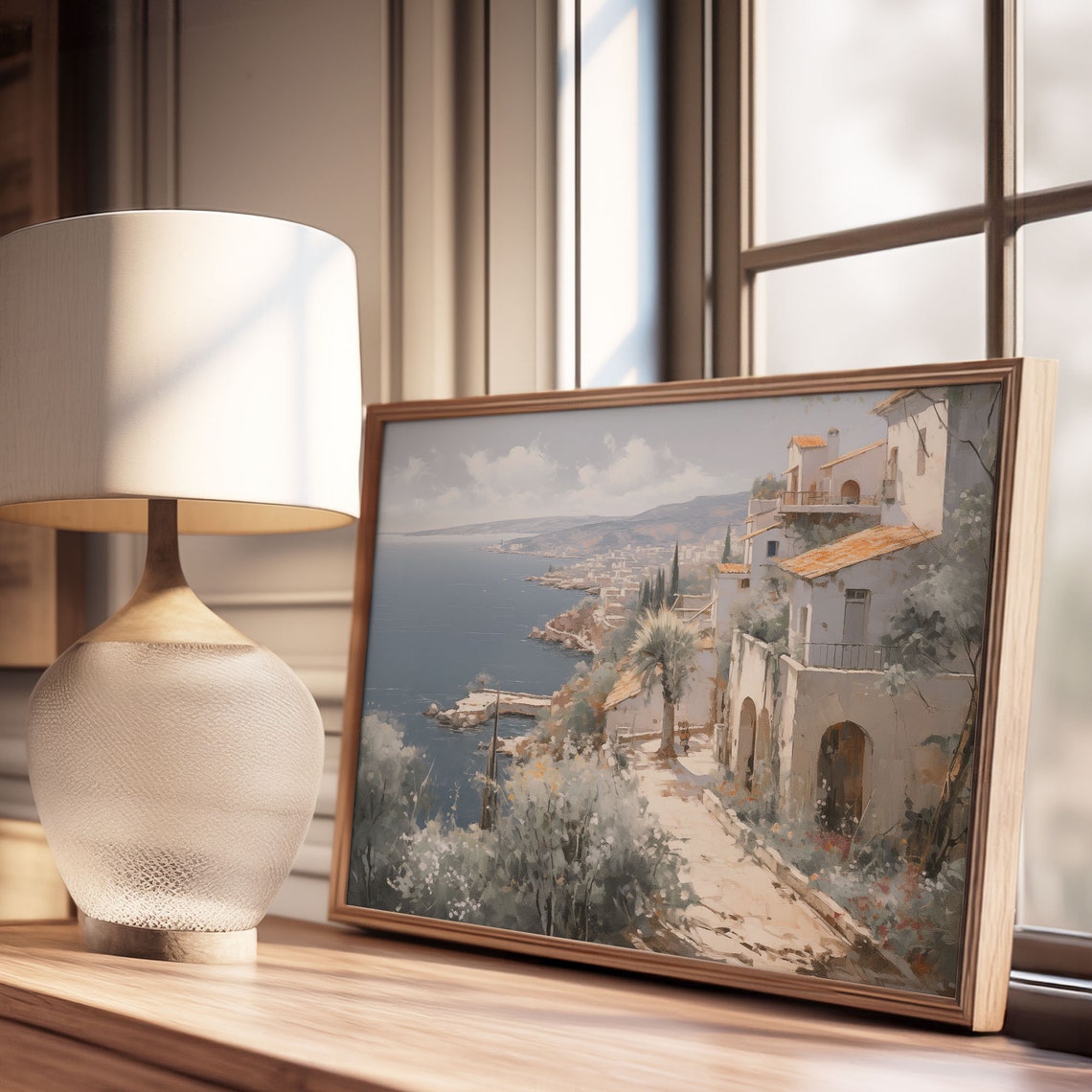 Hilltop Coastal Town Panorama Whitewashed Houses Palm Sea Poster - Image 3