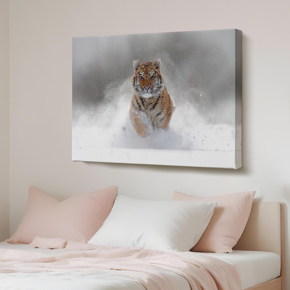 Playful Tiger Cub Running in Deep Snow Winter Wildlife Canvas Poster