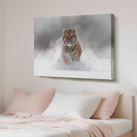 Tiger Cub Running In Snow Decorative Canvas Painting Animal Wall Decor Modern Art