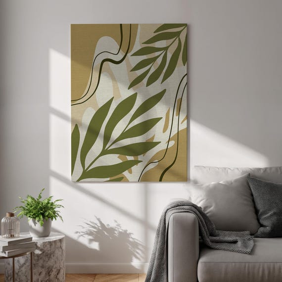 Green Leaf Canvas Print Abstract Botanical Wall Art Beige Minimal Nature Poster Framed Japandi Decor For Living Room And Bedroom