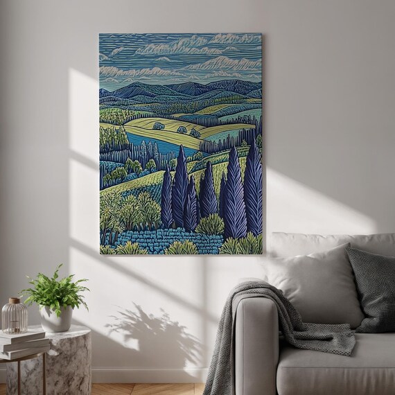 Tuscany Italy Rolling Hills Cypress Trees Textured Landscape Poster