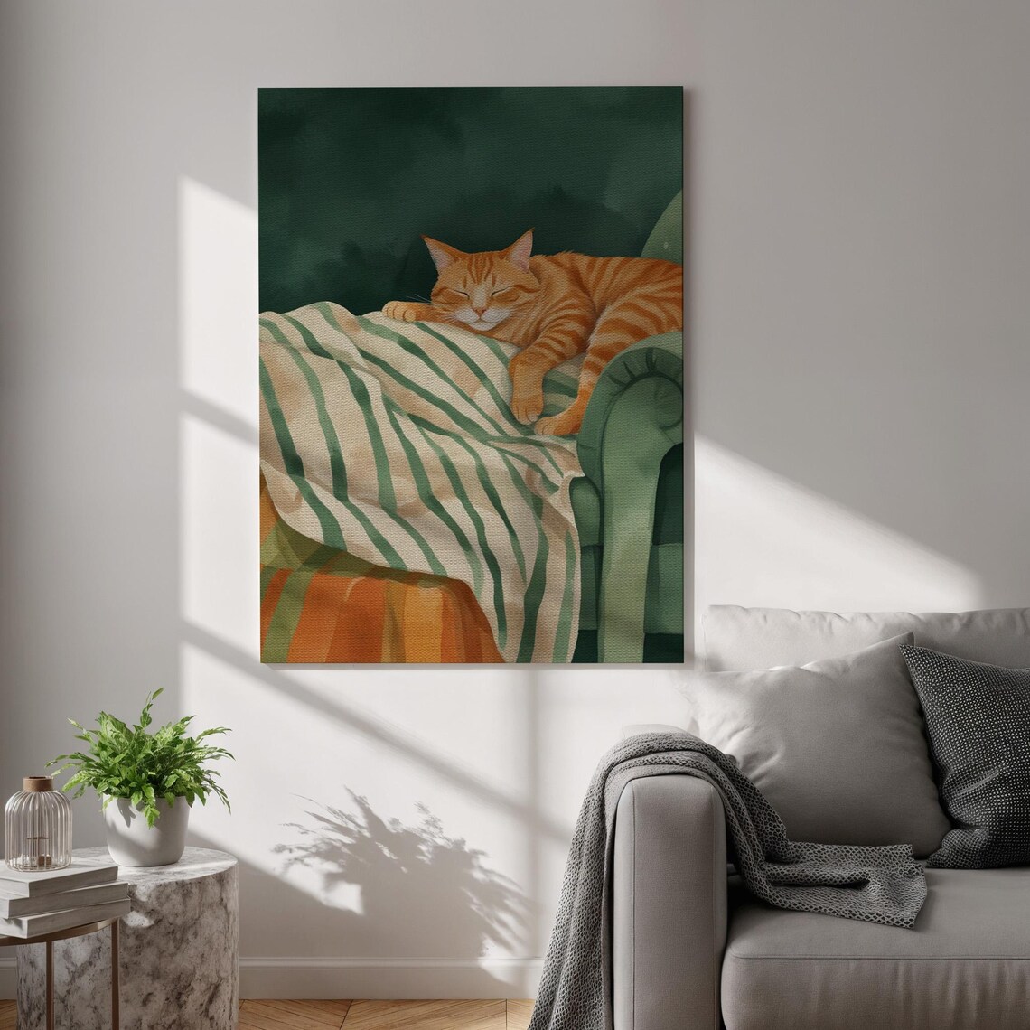 Cozy Cat Canvas Wall Art Green Chair Sleeping Kitty Print Minimalist Home Painting Poster Framed Pet Lover Decor For Bedroom Living Room