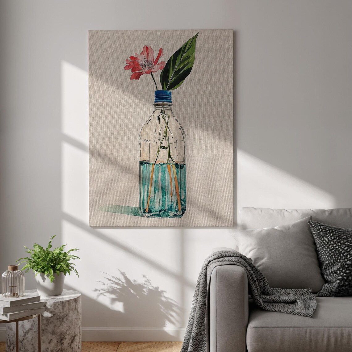Minimalist Flower Bottle Canvas Print Botanical Wall Art With Pink Bloom And Green Leaf Framed Gift For Calm Interiors Natural Decor