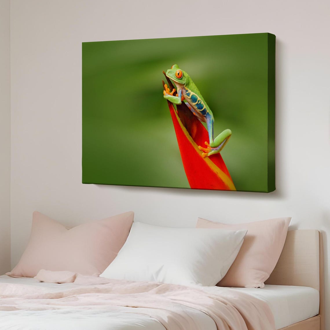 Red Eyed Tree Frog on Tropical Flower Macro Nature Canvas Poster