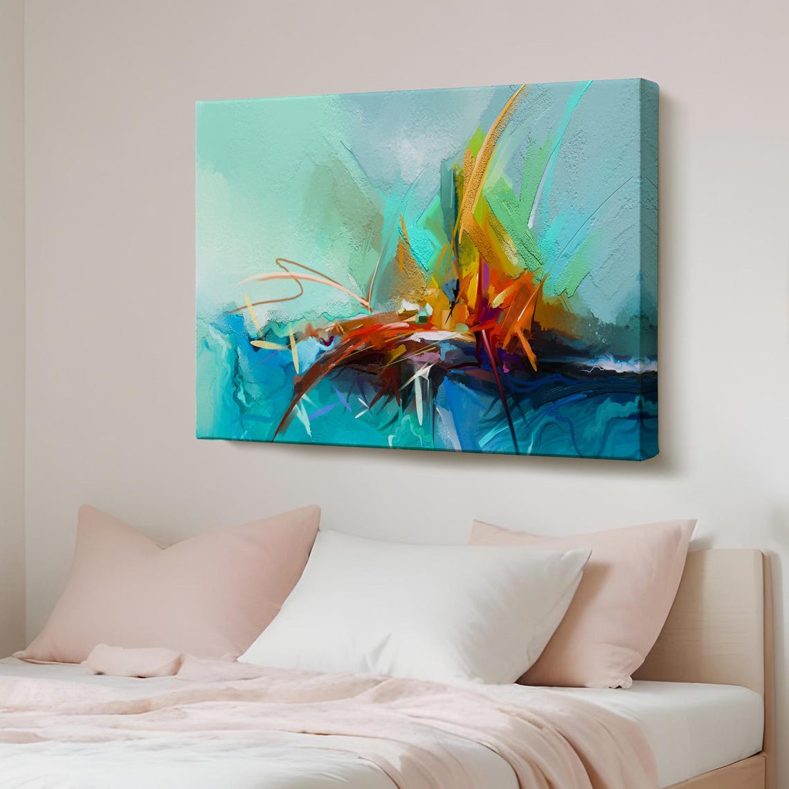Teal Abstract with Warm Golden Burst Modern Expressionist Wall Art
