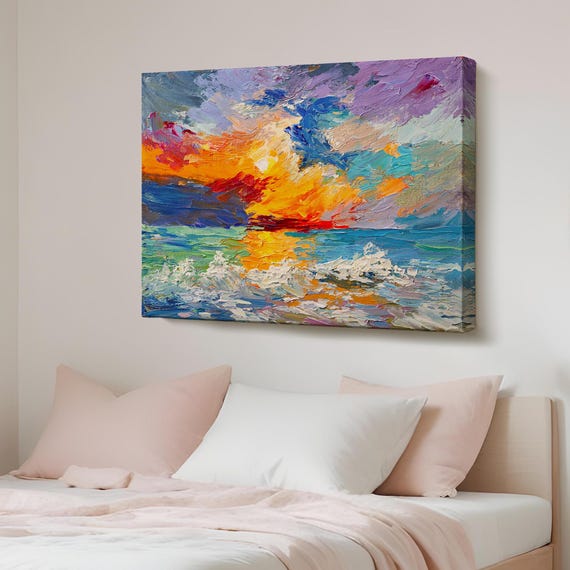 Sunset At Sea Oil Painting Look Decorative Canvas Wall Art Abstract Modern Decor Framed Housewarming Gifts