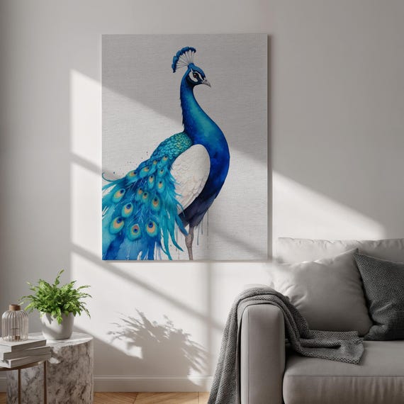 Peacock Canvas Wall Art Blue Bird Illustration Elegant Animal Print Minimalist Decor For Office Bedroom Living Room Framed Artwork
