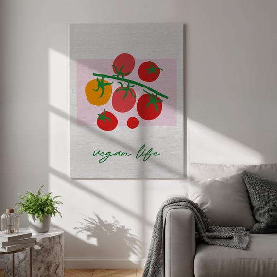 Vegan Life Kitchen Canvas Art Print Tomato Vegetable Food Wall Poster Minimalist Red Green Illustration For Cafe Dining Room Or Studio