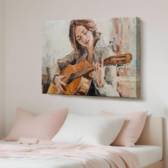 Girl Playing Guitar Wall Painting Music Modern Decor Canvas Art Framed Print