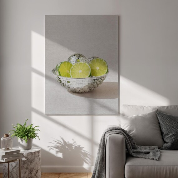 Disco Ball Bowl of Lime Slices Funky Y2K Fruit Kitchen Wall Art