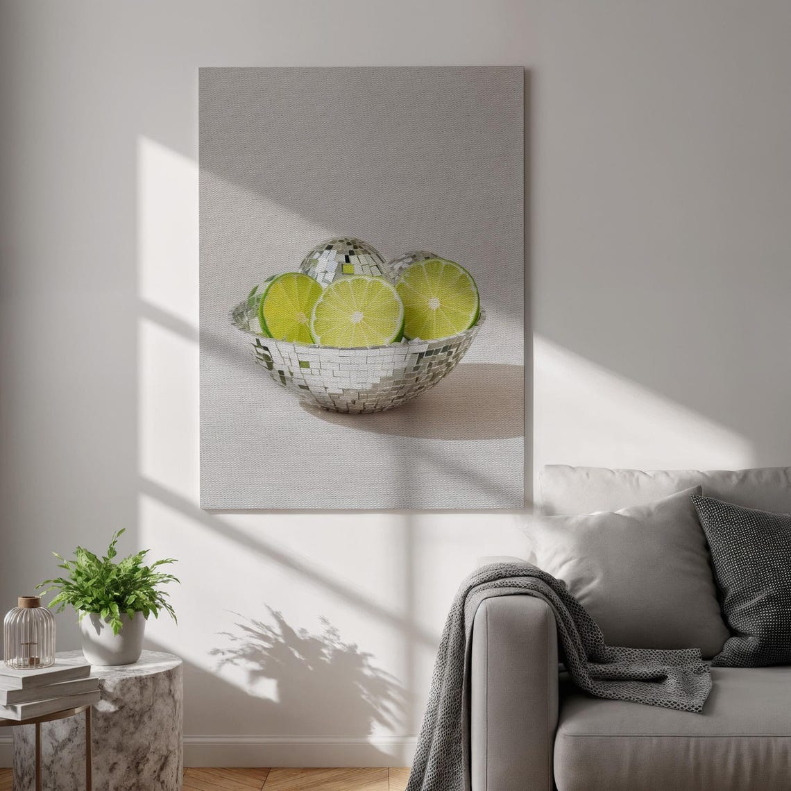 Disco Ball Bowl of Lime Slices Funky Y2K Fruit Kitchen Wall Art