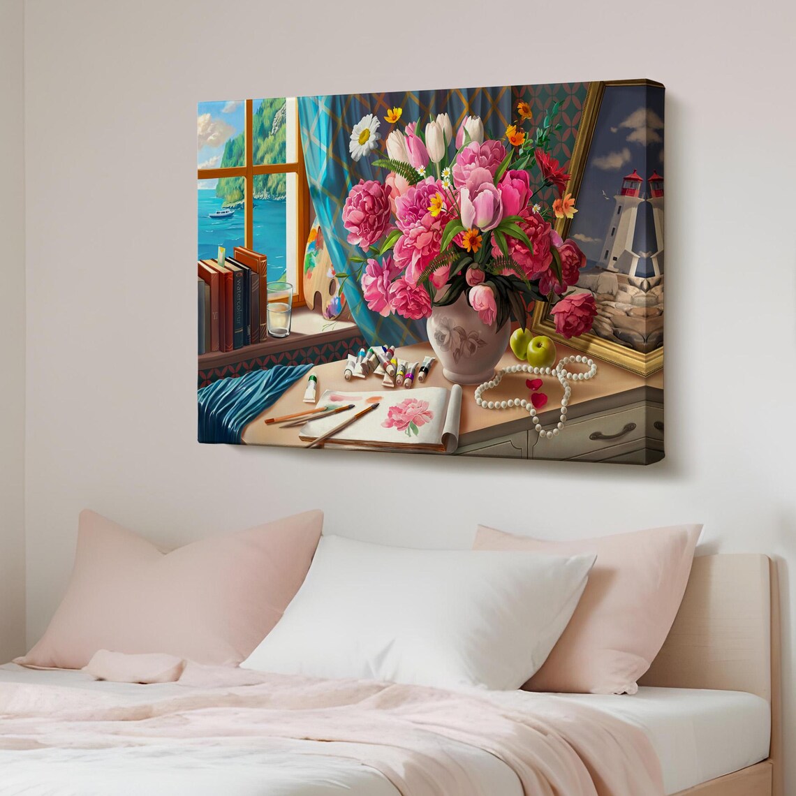 Artist Studio Still Life Flowers Seaside Window Painting Poster