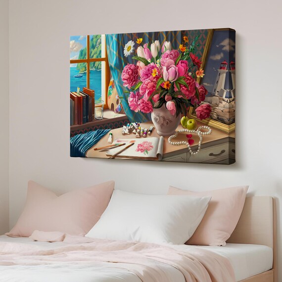 Artist Studio Still Life Flowers Seaside Window Painting Poster