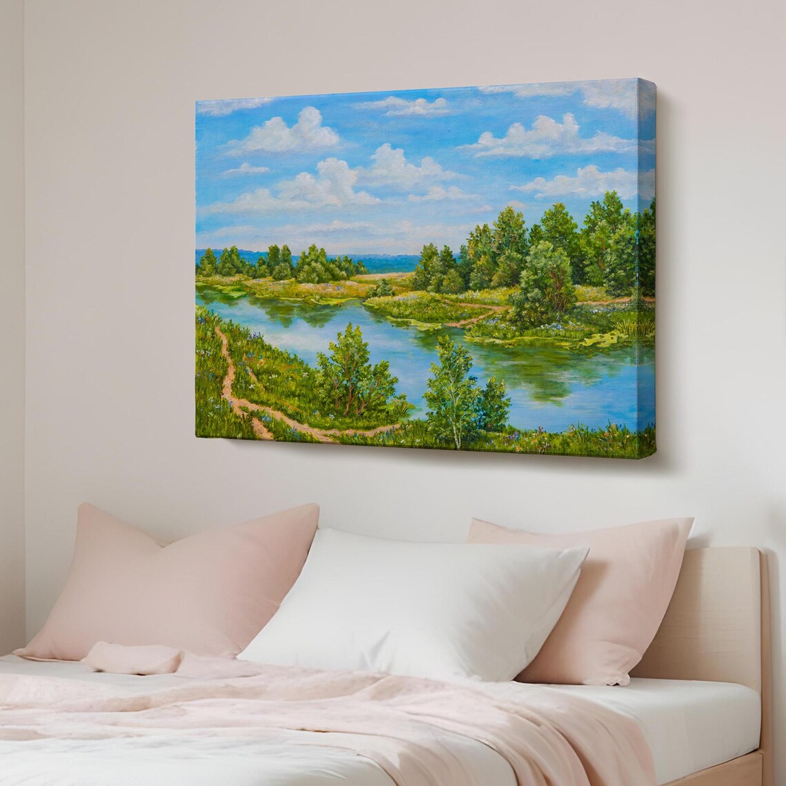 Serene Summer River Landscape Painting Lush Green Nature Forest Art Print