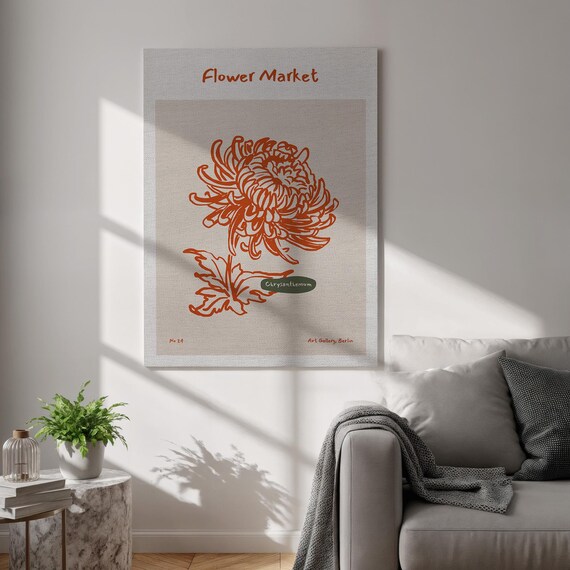 Chrysanthemum Flower Canvas Orange Botanical Line Drawing Print Berlin Wall Art Poster Minimalist Floral Decor For Studio And Office