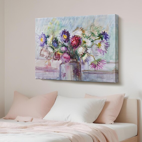 Colorful Aster Flowers in a Glass Vase Watercolor Floral Painting Poster