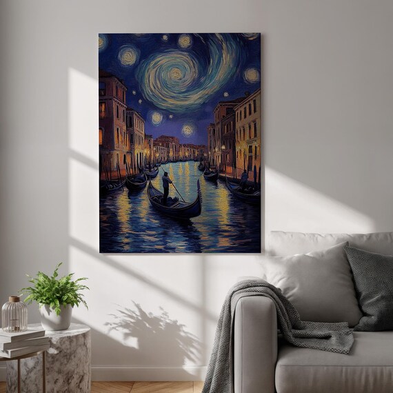 Starry Night Venice Canvas Printromantic Gondola Wall Artmodern Cityscape Painting Posterframed Sky Art For Living Room And Bedroom