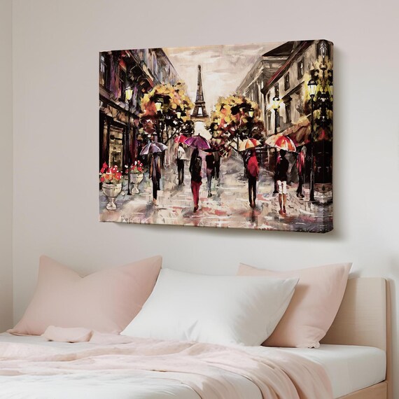 Rainy Paris Street Eiffel Tower Colorful Umbrellas Canvas Art Poster