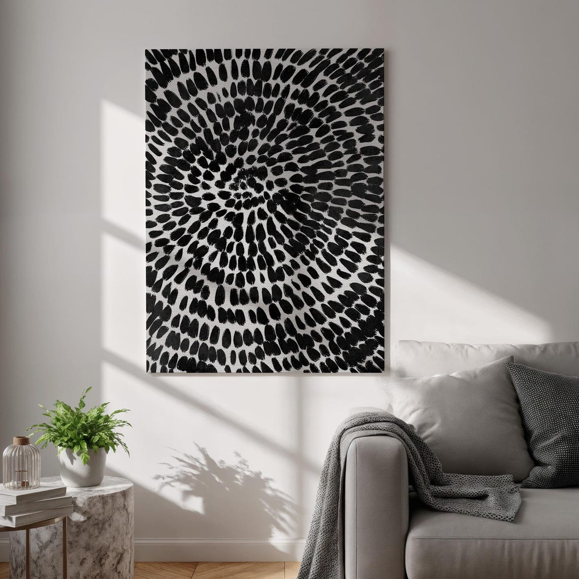 Black Radial Dots Spiral Abstract Monochrome Pattern Canvas Poster