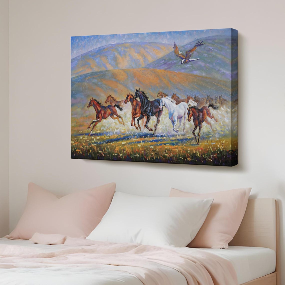 Wild Horses Galloping Across Meadow with Eagle Dynamic Painting Poster