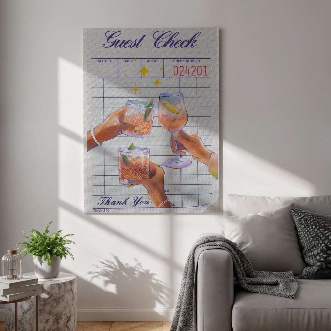Guest Check Cocktail Toast Retro Bar Cart Illustration Kitchen Decor Poster