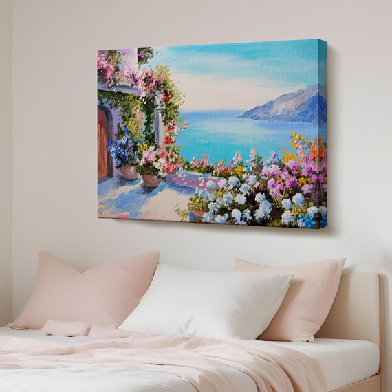 Sunny Blooming Mediterranean Terrace Overlooking Sea Oil Poster