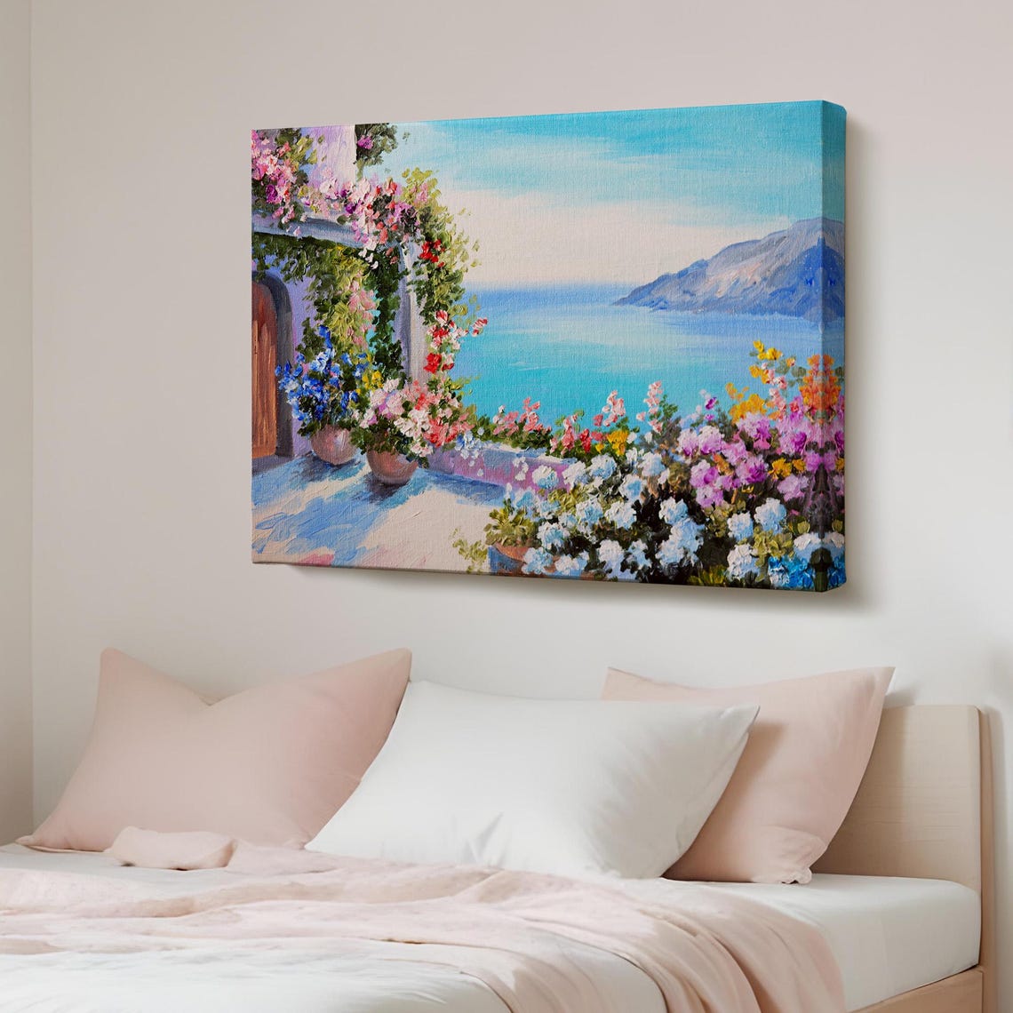 Sunny Blooming Mediterranean Terrace Overlooking Sea Oil Poster