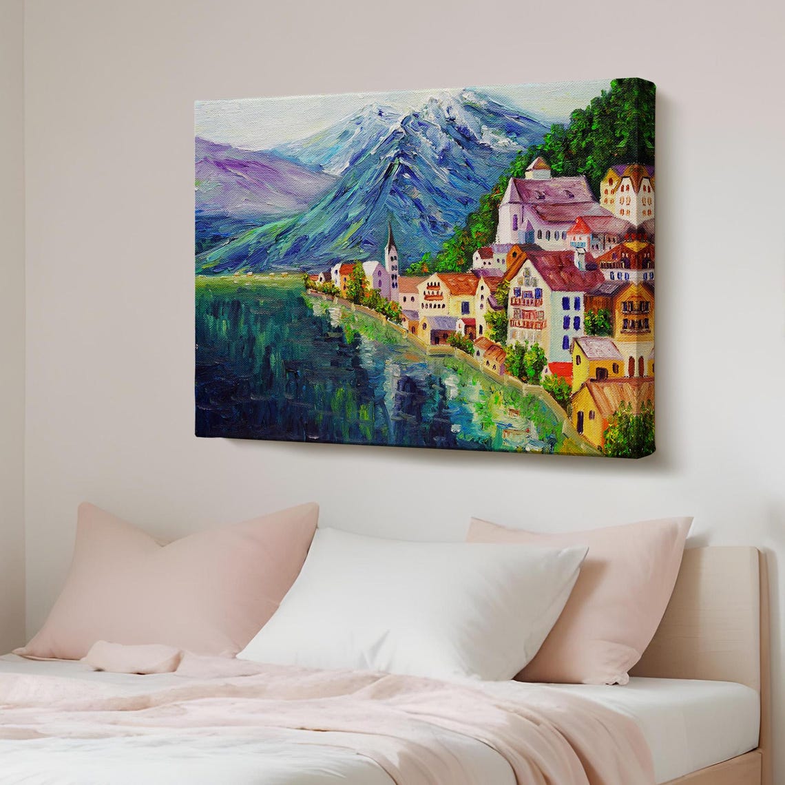 Hallstatt Austria Lakeside Village Mountain Oil Painting Poster