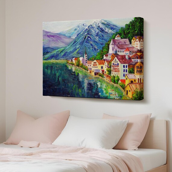 Hallstatt Austria Lakeside Village Mountain Oil Painting Poster
