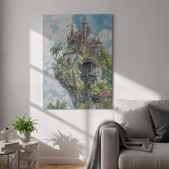 Fantasy Castle Canvas Wall Art Framed Floating Island Illustration With Clouds Trees Whimsical Storybook Decor For Kids Studios Readers