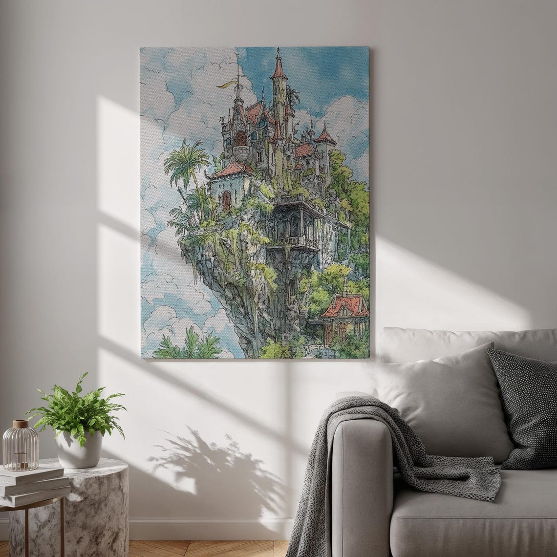 Fantasy Castle on Floating Island Whimsical Watercolor Art Poster