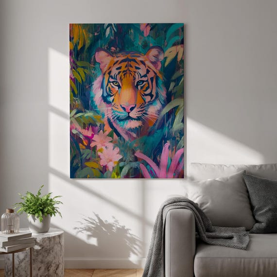 Jungle Tiger Canvas Wall Art Vibrant Wildlife Animal Print Colorful Tropical Framed Poster For Bedroom And Living Room