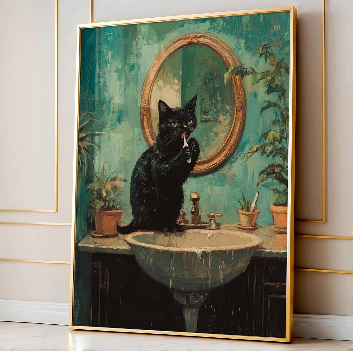 Black Cat Brushing Teeth Funny Bathroom Animal Art Poster Vintage Green